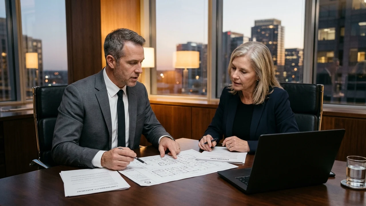 Commercial real estate broker reviewing confidential floorplans and NDAs with business owner