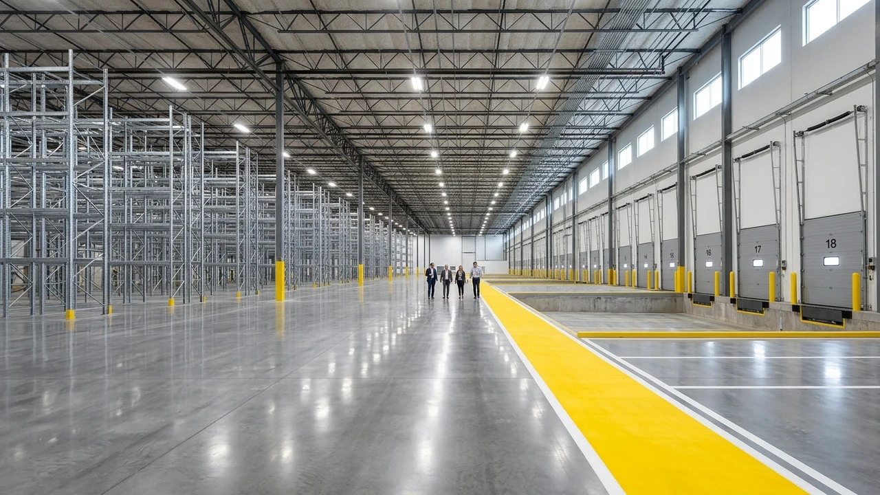 High-bay industrial distribution warehouse prepared for commercial buyer tour with polished floors and dock doors