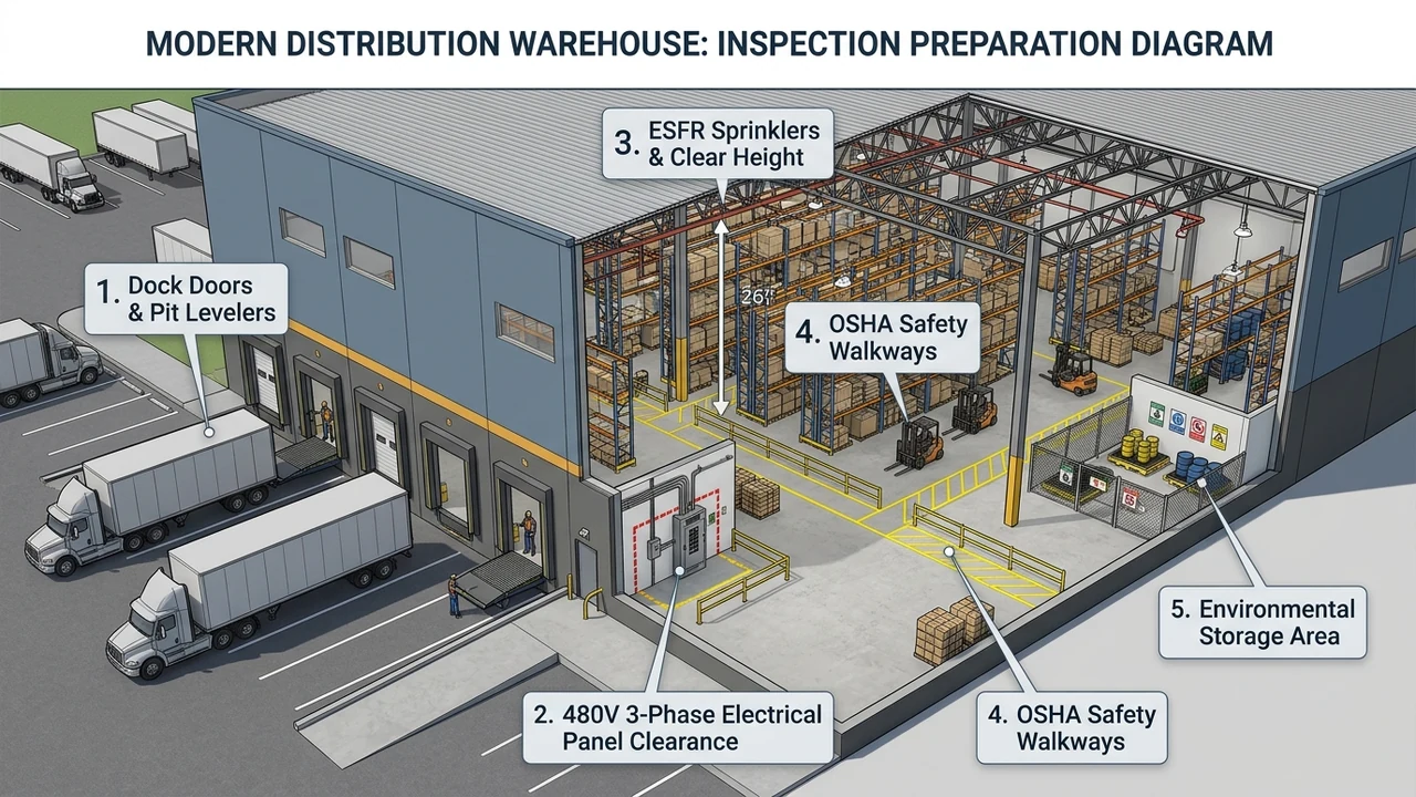 3D isometric industrial warehouse diagram highlighting 5 critical commercial buyer tour inspection zones