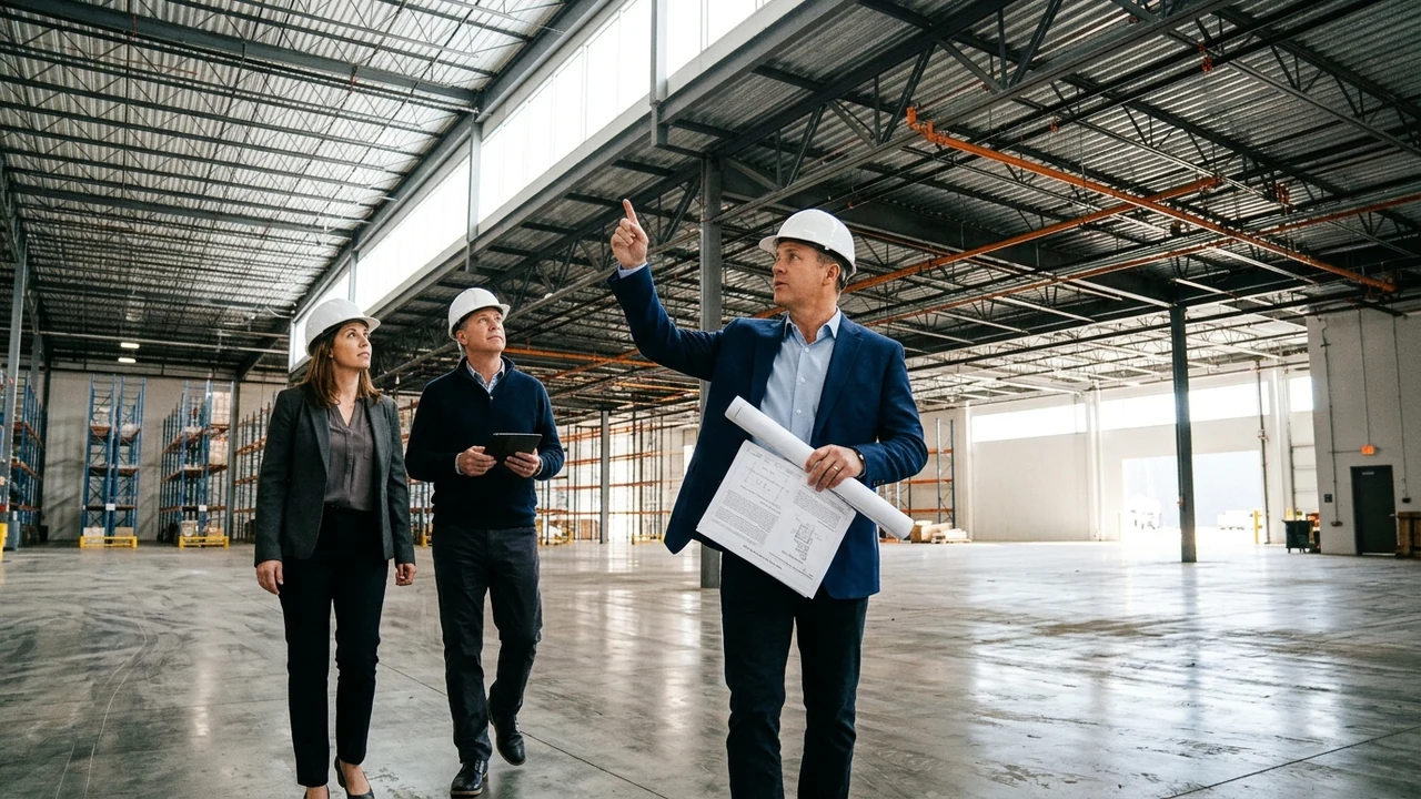 Commercial industrial broker and investors inspecting warehouse steel roof trusses and ESFR sprinklers