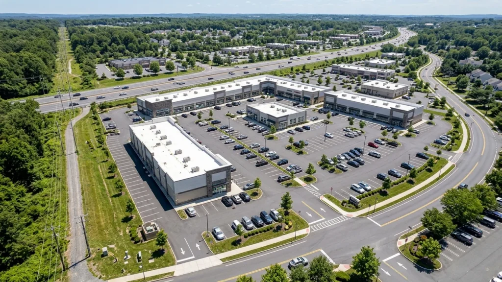 Aerial drone view of multi-parcel commercial retail plaza showing shared ingress-egress driveways and parking