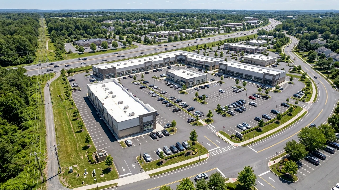 Aerial drone view of multi-parcel commercial retail plaza showing shared ingress-egress driveways and parking