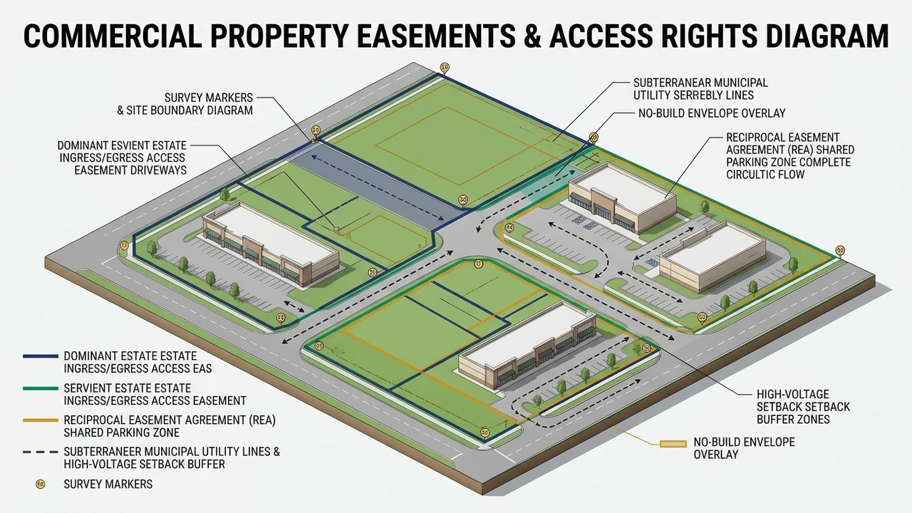 3D isometric ALTA commercial land survey diagram showing ingress/egress easements, REAs, and utility setbacks
