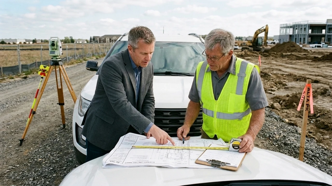 Commercial broker and land surveyor reviewing ALTA/NSPS Land Title Survey blueprint at property boundary